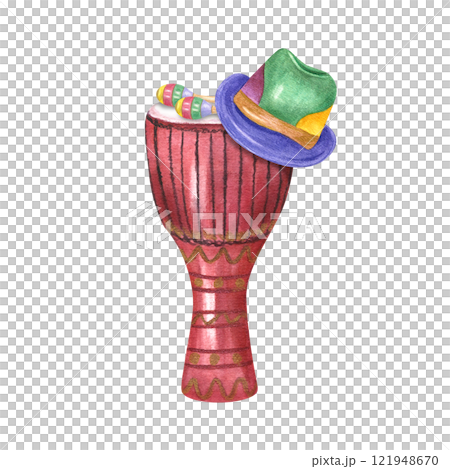 Djembe drum with colored maracas and carnival hat watercolor illustration. Traditional ethnic music percussion instruments. Mardi Grass, Brazilian parade. For greeting card, poster 121948670