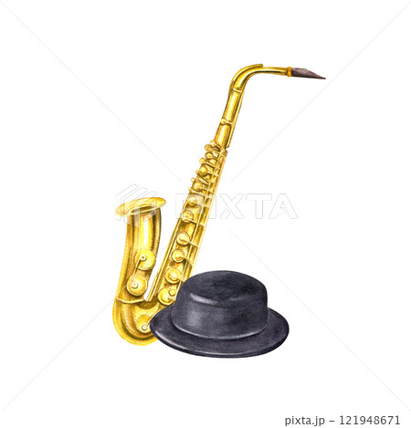 Watercolor shiny brass saxophone with black hat illustration. Wind gold musical instrument and felt derby cap in realistic style. For jazz festival or concert design, education cards, carnival decor 121948671