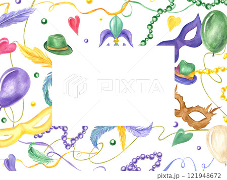 Watercolor Mardi gras elements horizontal frame. Colored hats, carnival masks with feathers, balloons, beads, ribbons illustration. Copy space for text. New Orleans parade invitation, greeting cards 121948672