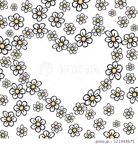Doodle flower hearts A delicate hand drawn daisies forming a floral frame. Ideal for creating a feminine and romantic aesthetic for invitations, cards, and more with this simple yet elegant daisy 121948675