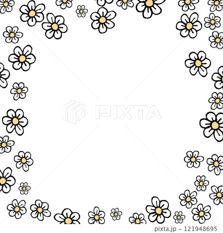Doodle flower A delicate pattern of hand drawn daisies forming a floral frame. Ideal for creating a feminine and romantic aesthetic for invitations, cards, and more with this simple yet elegant daisy 121948695