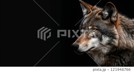 Wolf gazing into the distance with striking fur and intense eyes captured in a dark environment, black background with copy space 121948766