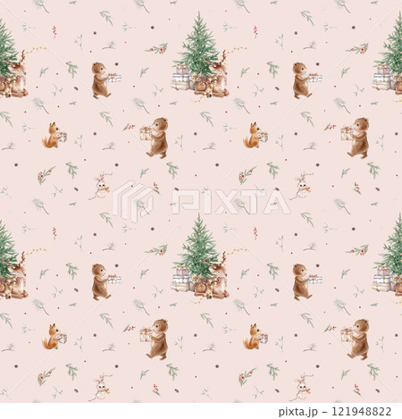 Seamless pattern with watercolor illustration of Christmas tree and pine branches, needle and baby deer with garland. Hand painted animals: bear and fox and hare with scarves. Repeat background. 121948822