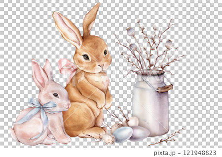 Watercolor illustration bouquet of willow branches and tree dry branch without leaves in metal can and cute hare or bunny with bow. Easter quail eggs and chicken color painted eggs. For easter design Watercolor illustration bouquet of willow branches and tree dry branch without leaves in metal can and cute hare or bunny with bow. Easter quail eggs and chicken color painted eggs. For easter design 121948823