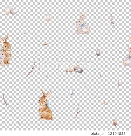 Watercolor seamless pattern with easter bunny with bow and quail and colors eggs. Repeat pattern pastel color with rabbit. Tender watercolor hand drawn illustration willow. For Easter design. 121948824