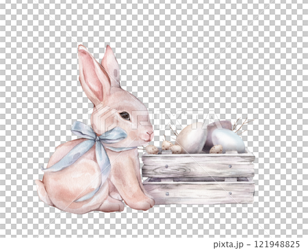 Cute watercolor illustration wooden box made of white gray with chicken and quail eggs and willow branches and Easter bunny or hare with bow. Hand drawn illustration isolated on background for card 121948825