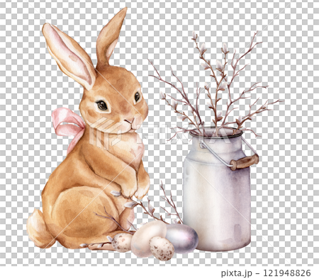 Watercolor illustration bouquet of willow branches and tree dry branch without leaves in metal can and cute hare or bunny with bow. Easter quail eggs and chicken color painted eggs. For easter design Watercolor illustration bouquet of willow branches and tree dry branch without leaves in metal can and cute hare or bunny with bow. Easter quail eggs and chicken color painted eggs. For easter design 121948826