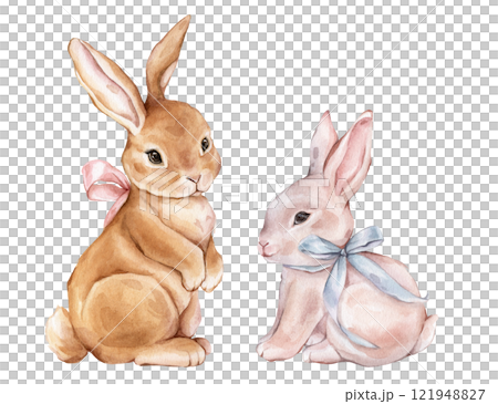 Watercolor cute red hare with bow. Drawing of bunny in pastel warm and beige colors. Hand drawn illustration rabbit on isolated background. For childish shower greeting cards or kids invitations 121948827