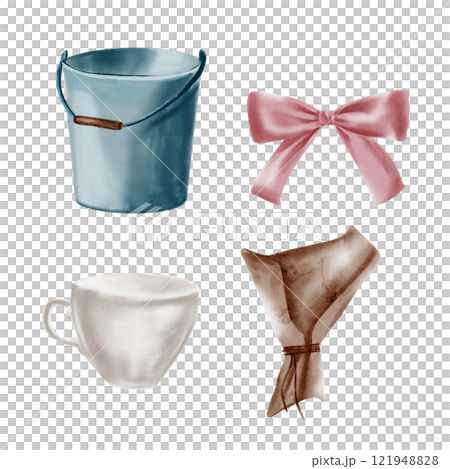 blue bucket, pink silk bow, porcelain cup, craft paper packaging for a bouquet. Set of watercolor illustrations without background. Vintage things in retro style. Antiques for the flea market. 121948828