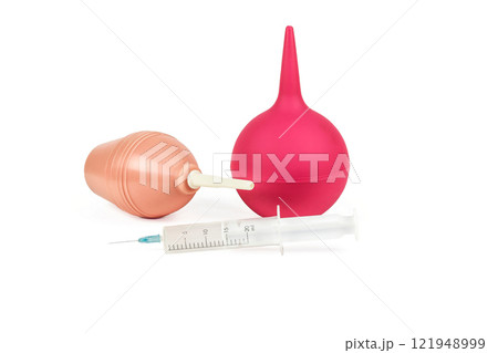 Two medical syringes and a medical syringe with a needle 121948999