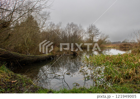 A peaceful river during fall colors with beautiful reflections in the water, Scania county, Sweden A peaceful river during fall colors with beautiful reflections in the water, Scania county, Sweden 121949005