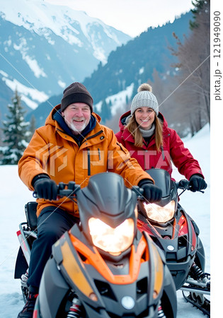 Couple, a man and a woman in sportswear are riding snowmobile down mountain. Winter sports 121949090