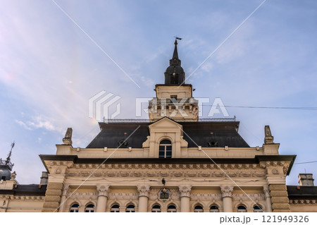 A panoramic city view of Novi Sad with its iconic bridge over the Danube River is a breathtaking sight. From this vantage point, the city sprawls beneath the sky, with the elegant Varadin Bridge 121949326