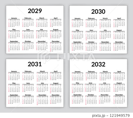 2029, 2030, 2031 and 2031 calendar set. Week starts on Sunday. Simple calendar layout. Yearly diary. Minimal stationery template with 12 months, in English. Pocket or wall formats 121949579