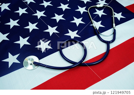 stethoscope medical equipment on usa flag health care concept stethoscope medical equipment on usa flag health care concept 121949705
