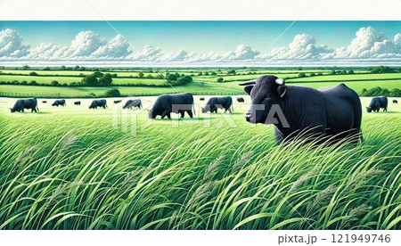 牧場風景「放牧・黒毛和牛」 121949746
