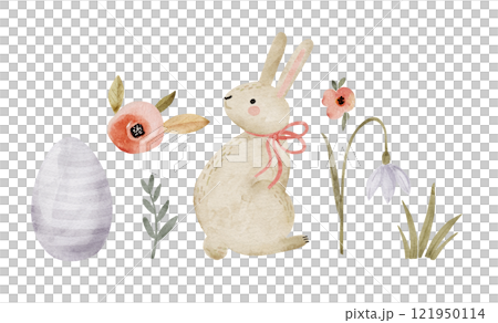Cute cartoon easter set of bunny surrounded by pastel flowers, watercolor illustration 121950114