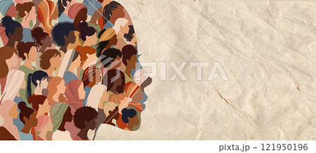 Woman face silhouette in profile with group of multicultural women faces inside.Racial equality anti-racism concept. Woman who gives voice to other group women.Inclusive 121950196