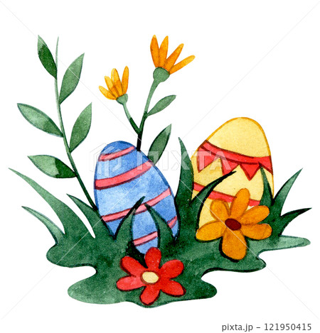 cute watercolor illustration, easter eggs in grass and flowers. drawing cartoon 121950415
