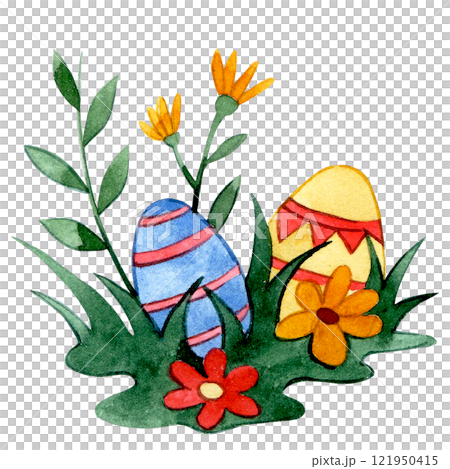 cute watercolor illustration, easter eggs in grass and flowers. drawing cartoon 121950415