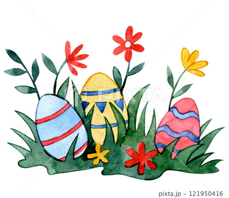cute watercolor illustration, easter eggs in grass and flowers. drawing cartoon 121950416