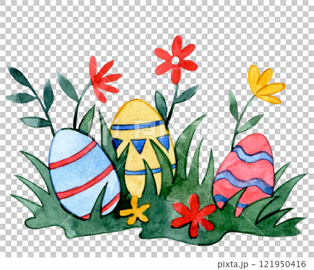 cute watercolor illustration, easter eggs in grass and flowers. drawing cartoon 121950416