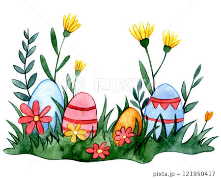 cute watercolor illustration, easter eggs in grass and flowers. drawing cartoon 121950417