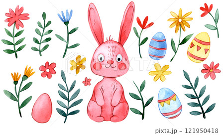 cute watercolor illustration, set with Easter bunny and flowers. cartoon drawing, pink rabbit 121950418