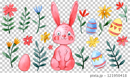 cute watercolor illustration, set with Easter bunny and flowers. cartoon drawing, pink rabbit 121950418