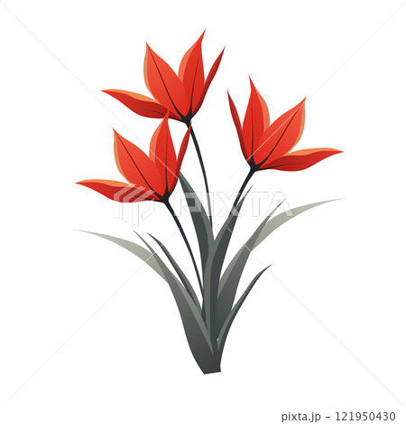 Red floral vector design featuring a single bloom with green leaves 121950430