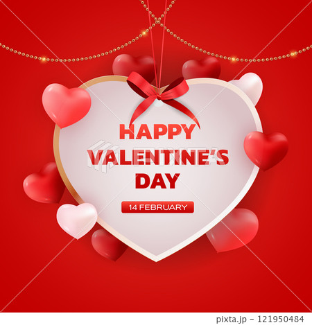 Celebrate love with a festive Valentine's Day greeting featuring hearts and festive decorations on a bright red background 121950484