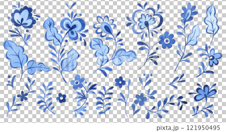 watercolor illustration, set of blue ornaments. folk pattern watercolor illustration, set of blue ornaments. folk pattern 121950495