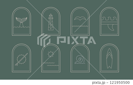 Retro style, bohemian linear surfing, ocean, sea badge, icon, design. Simple geometric surf textile, stickers, logo, camp, resort template, design frame. 121950500
