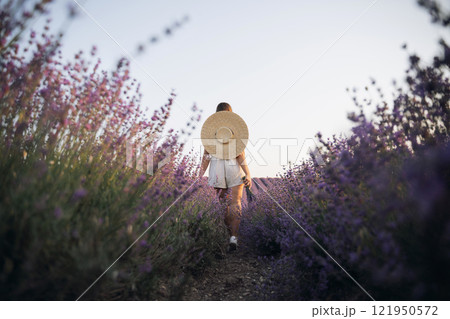 A woman is walking through a field of purple flowers with a straw hat on A woman is walking through a field of purple flowers with a straw hat on 121950572