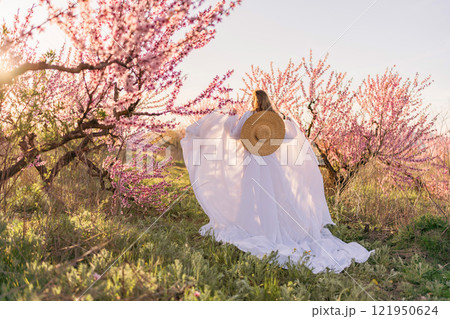 Woman blooming peach orchard. Against the backdrop of a picturesque peach orchard, a woman in a long white dress and hat enjoys a peaceful walk in the park, surrounded by the beauty of nature. 121950624