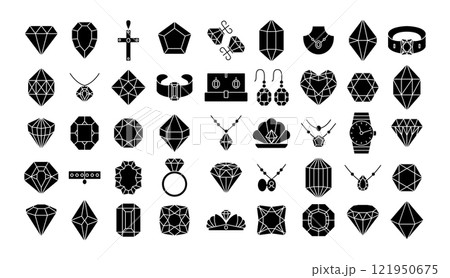 Stencil jewelry icons. Geometric diamond and gemstone shapes, wedding rings, luxury necklaces, bracelets and earrings. Gems and accessories minimalist vector set 121950675