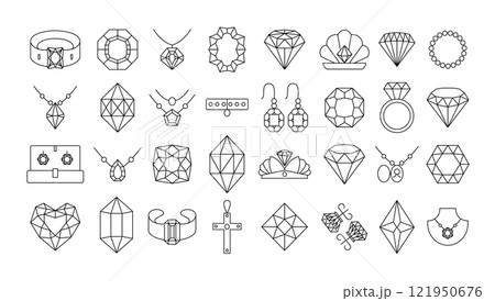 Linear jewelry icons. Outlined gemstone rings, crystal earrings, diamond necklaces and luxury geometric gems. Elegant line art precious stones and accessories vector set with editable stroke paths Linear jewelry icons. Outlined gemstone rings, crystal earrings, diamond necklaces and luxury geometric gems. Elegant line art precious stones and accessories vector set with editable stroke paths 121950676