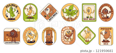 Groovy cartoon alternative milk label stickers. Plant based milk mascot characters in retro rubber hose style. Beverage branding packaging illustrations vector set 121950681