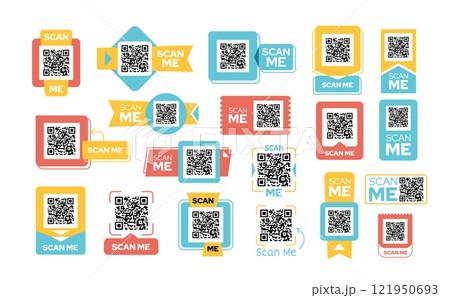 Colorful QR code labels. Scan me frames, smartphone code templates, mobile payment or app promotional stickers various shapes isolated vector set 121950693