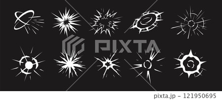 Explosion burst cartoon effect. Dynamic blast rays, exploding energy sparks, round bomb explode and circle boom visual. Abstract radial explosions stencil silhouettes vector set Explosion burst cartoon effect. Dynamic blast rays, exploding energy sparks, round bomb explode and circle boom visual. Abstract radial explosions stencil silhouettes vector set 121950695