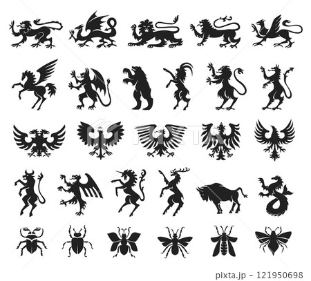Heraldic silhouettes. Stencil mythical creatures, animals and insects. Fantasy dragon, magical unicorn, royal lion, bird, deer and bull. Coat of arms supporters, emblem creation vector set 121950698