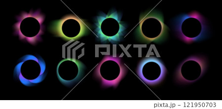 Blurred gradient circle frames. Colorful glowing circular effects, abstract total eclipse with blurry gradient glow and circle with dynamic backlit rays isolated vector set 121950703