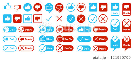 Do's and Don'ts symbols. Thumbs up and thumbs down icons, checkmarks and crosses for approval and disapproval with speech bubbles and label frames vector set 121950709