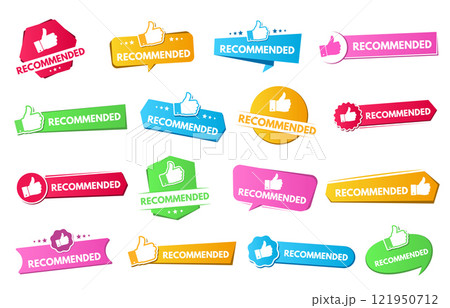 Recommended label. Recommendation badges with thumbs up icons, promotion marketing advertising stickers and advice banners. Recommended product tag vector set 121950712