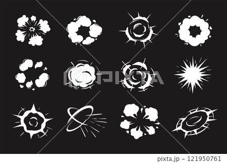 Puff cartoon effect shapes. Radial explosion, dynamic smoke bursts, swirling energy rings and explosive abstract silhouettes. Action scene blast impact visuals isolated vector set 121950761