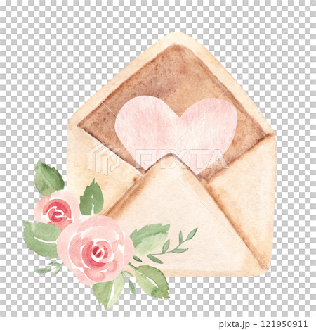 Open craft Envelope with a pink Heart inside, adorned with pink Roses and greenery. Watercolor hand drawn Vintage illustration in pastel colors isolated on a white background. Perfect for Valentine's Open craft Envelope with a pink Heart inside, adorned with pink Roses and greenery. Watercolor hand drawn Vintage illustration in pastel colors isolated on a white background. Perfect for Valentine's 121950911