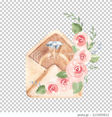 Open Envelope with a Diamond Ring inside, adorned with pink Roses and greenery. Watercolor hand drawn Vintage illustration in pastel colors isolated on a white background. Ideal for Valentine Day Open Envelope with a Diamond Ring inside, adorned with pink Roses and greenery. Watercolor hand drawn Vintage illustration in pastel colors isolated on a white background. Ideal for Valentine Day 121950912