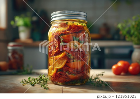 Sun-dried tomatoes preserved in oil with herbs and garlic in a jar 121951025