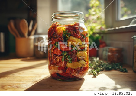 Sun-dried tomatoes preserving in a jar with thyme and olive oil 121951026