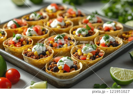Delicious mini taco cups prepared for a festive party with cilantro and lime 121951027